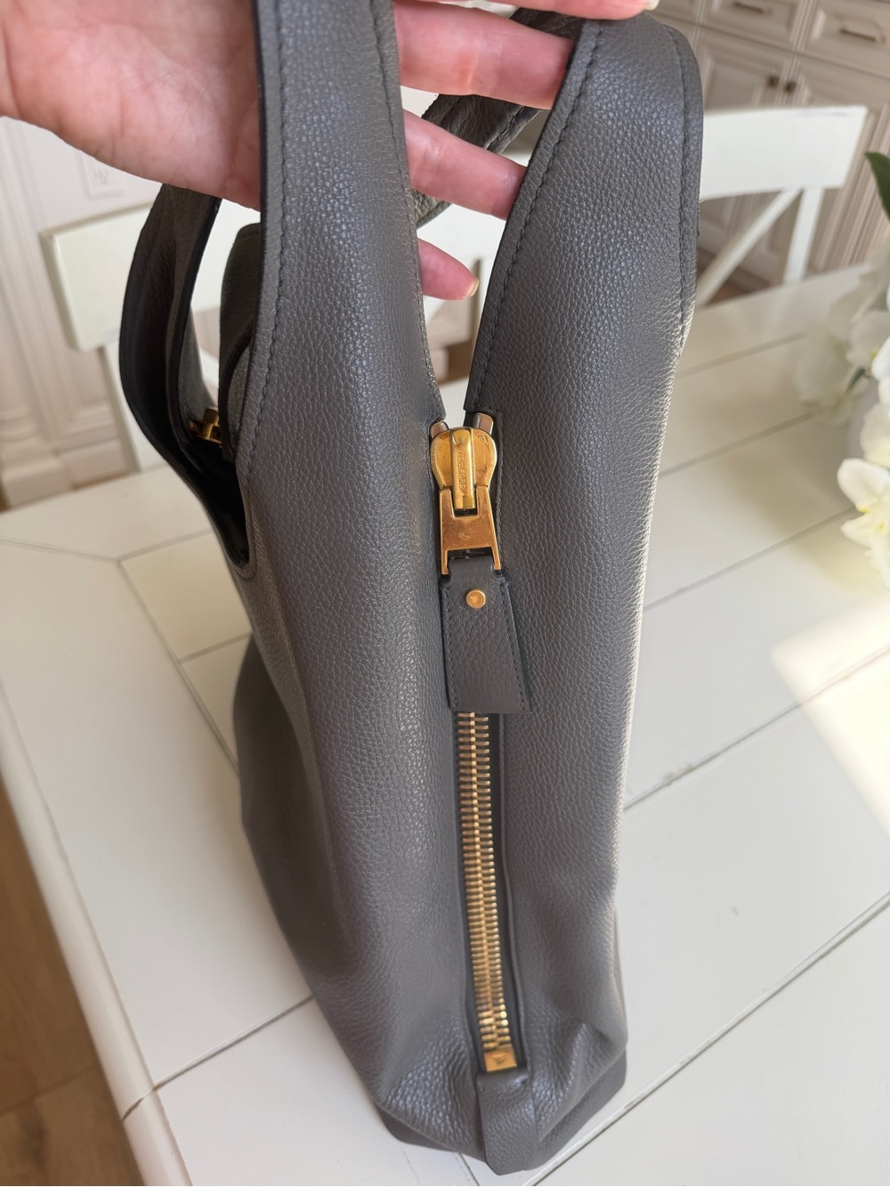 Women's Gray Leather Tote Bag with Gold Hardware